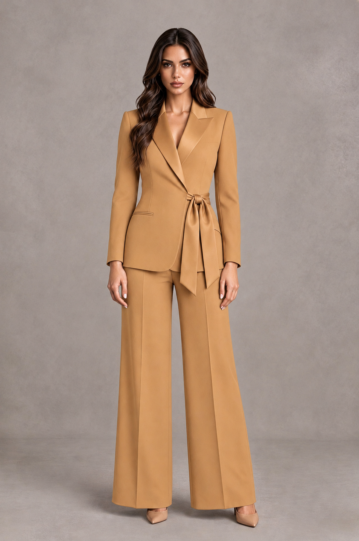 BOLODOO Gold Tie-Waist Blazer & Wide-Leg Pantsuit - Gold - Gold_01