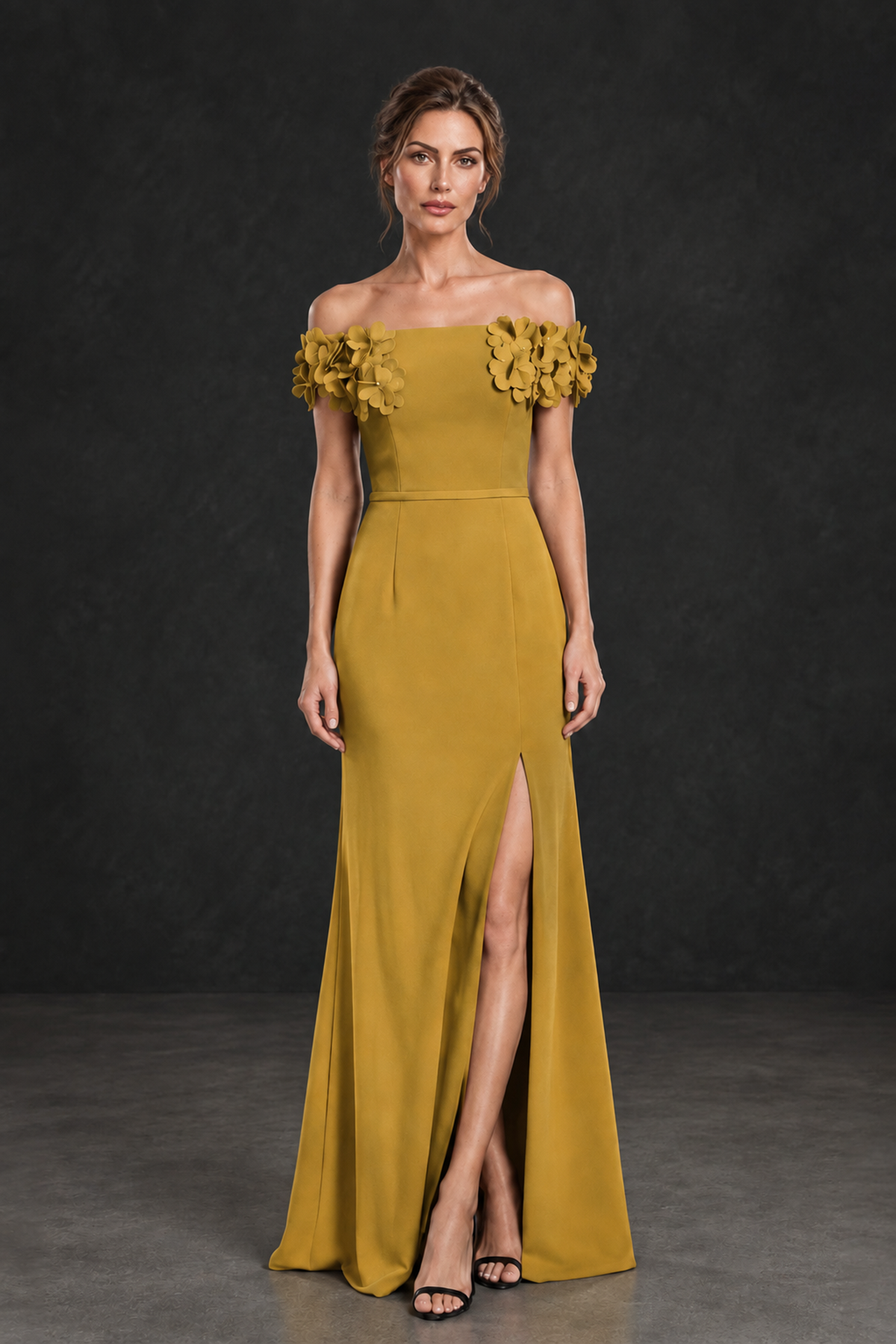 BOLODOO Gold Off-the-Shoulder Mother of the Bride Dress with Floral Appliques - Gold - Gold_01