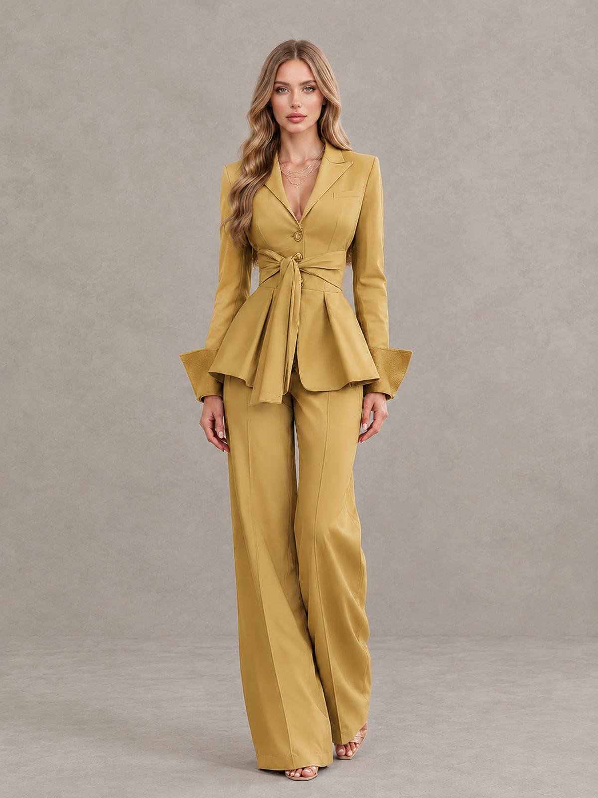 BOLODOO Gold Belted Peplum Pantsuit with Long Sleeves & Wide-Leg Trousers - Gold - Gold_01