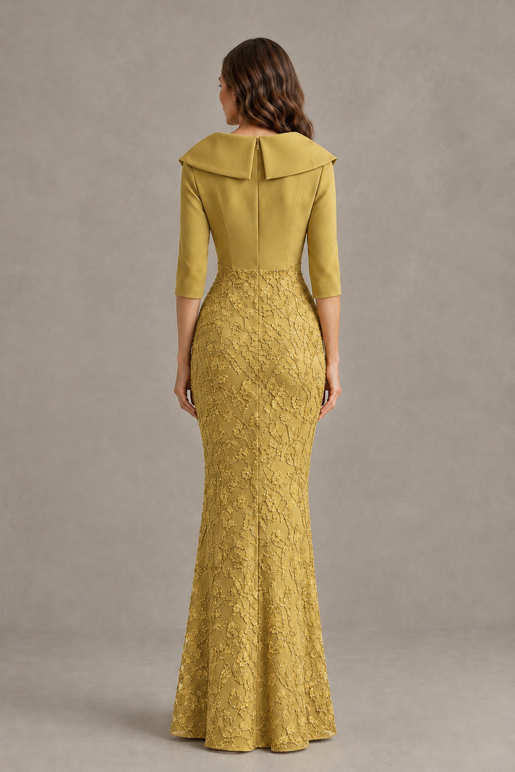 BOLODOO Gold Three-Quarter Sleeve Mermaid Evening Dress with Floral Detail - Gold - Gold_02
