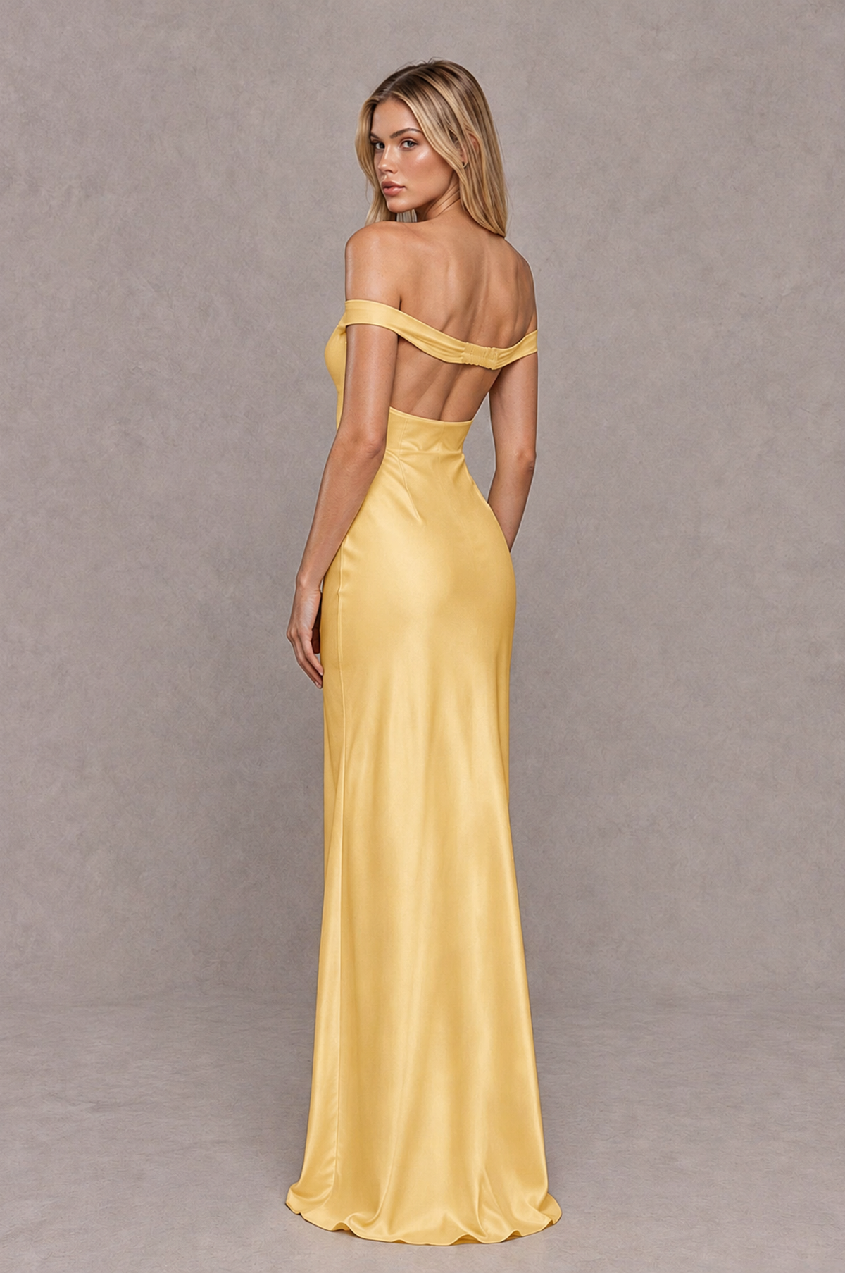 BOLODOO Gold Off-Shoulder Open-Back Satin Evening Gown - Gold - Gold_02