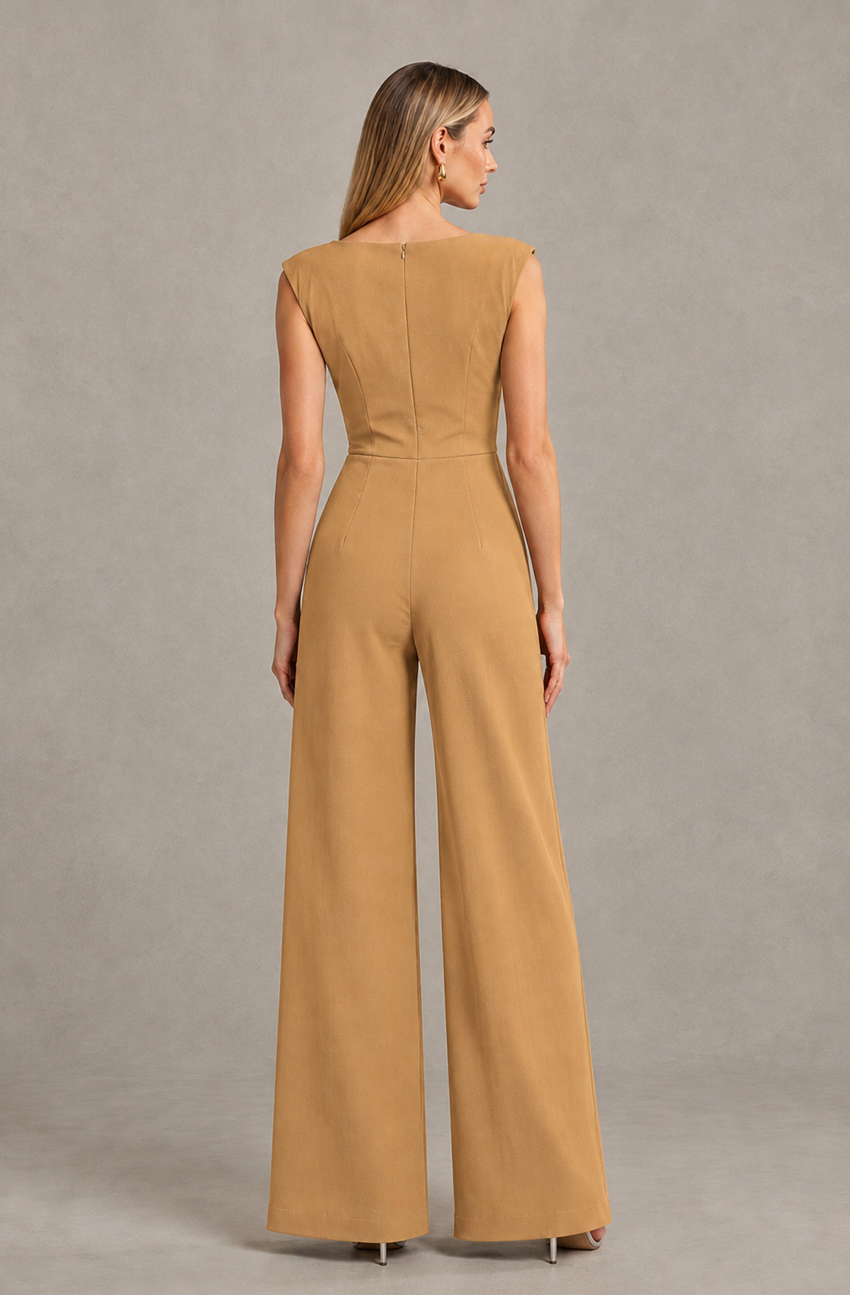 BOLODOO Gold Sleeveless V-Neck Wide-Leg Jumpsuit with Side Drape - Gold - Gold_02