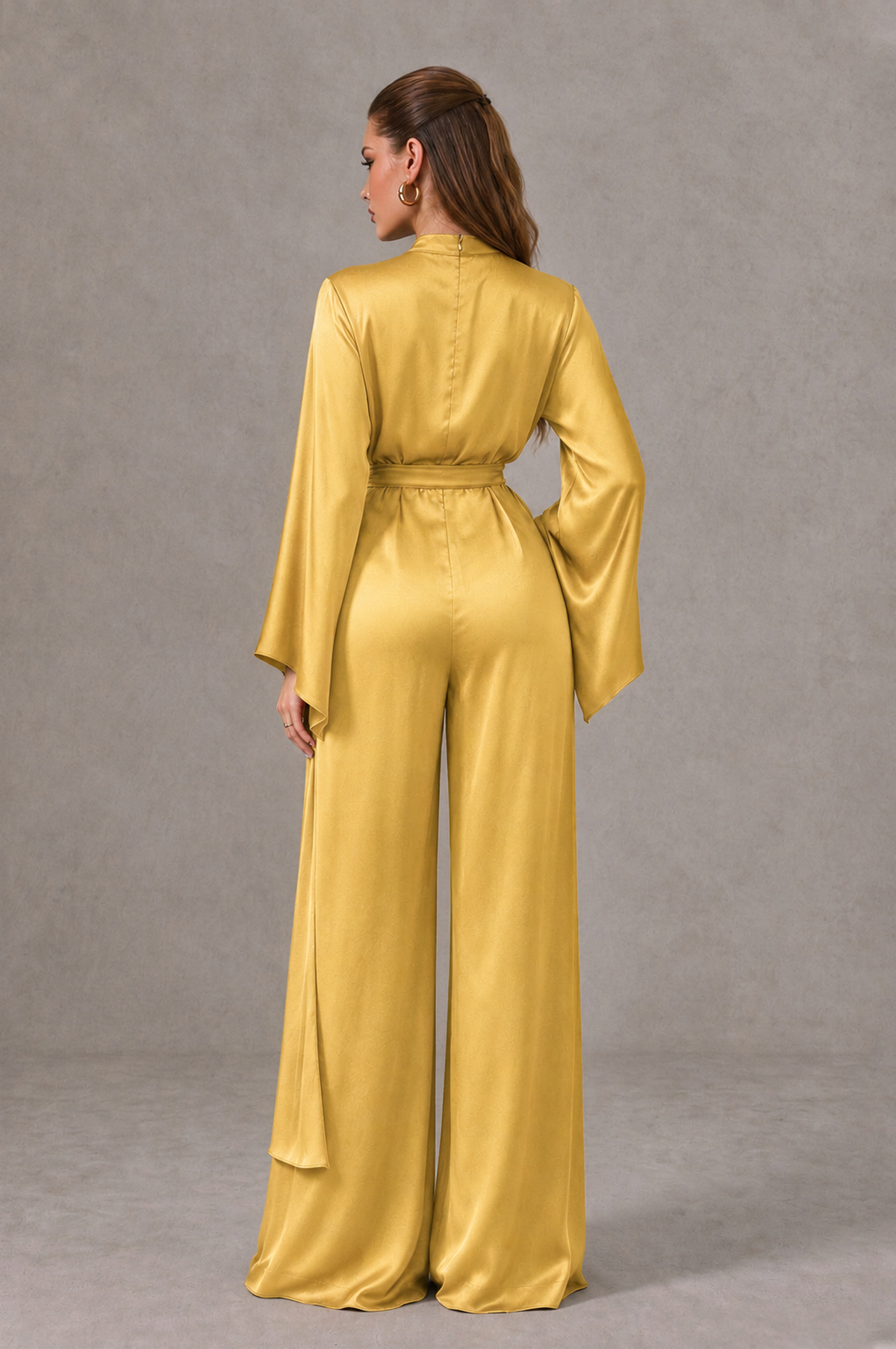 BOLODOO Gold Satin-Look Long Sleeve Wide-Leg Jumpsuit - Gold - Gold_02