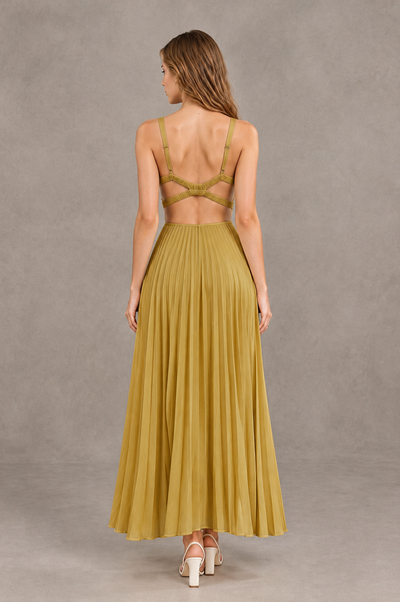 BOLODOO Gold V-Neck Pleated Open-Back Maxi Dress - Gold - Gold_02