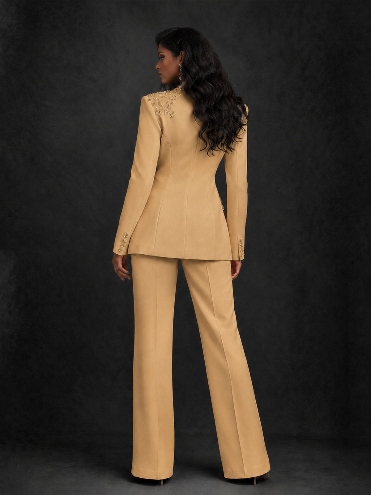 BOLODOO Gold Pearl Rhinestone Floral Deep V-Neck Blazer Wide-Leg Pants Suit Set - Gold - Gold_02