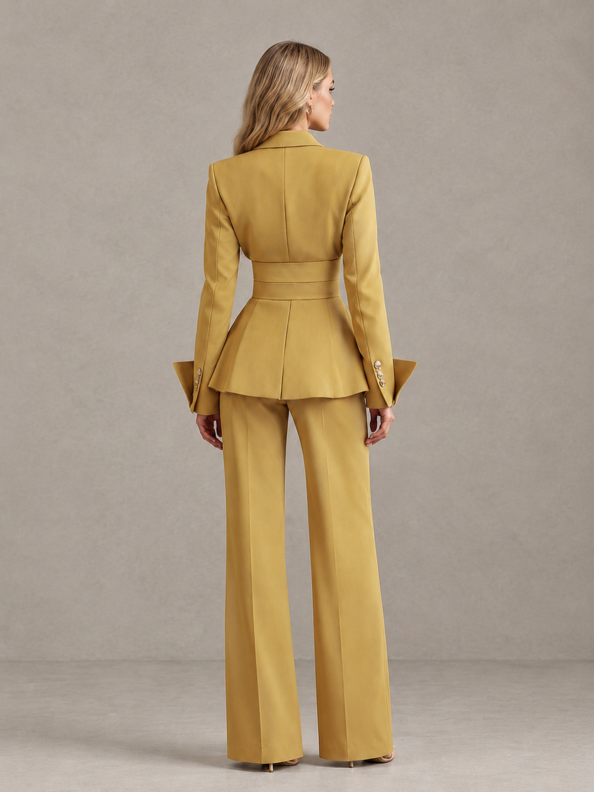 BOLODOO Gold Belted Peplum Pantsuit with Long Sleeves & Wide-Leg Trousers - Gold - Gold_02