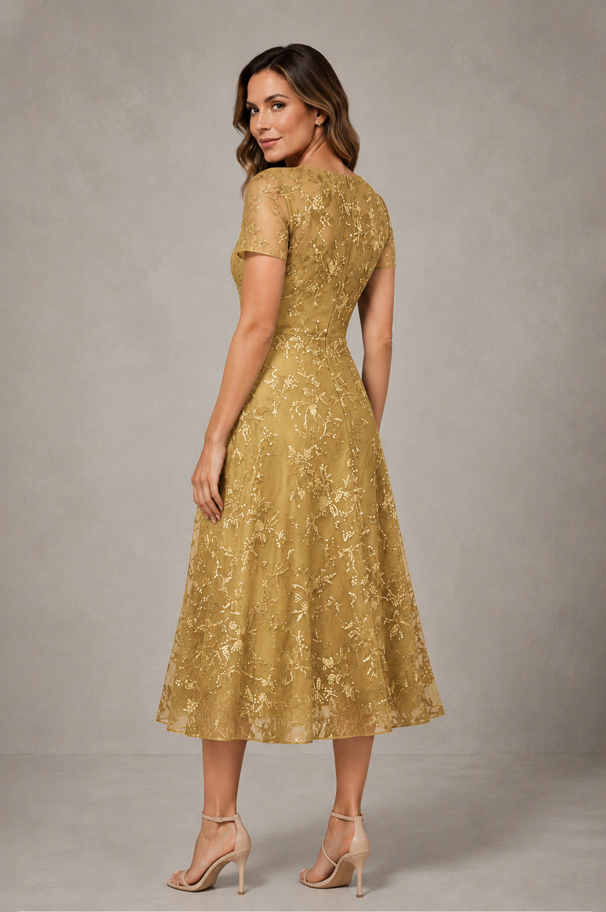 BOLODOO Gold Textured Floral A-Line Dress with Short Sleeves - Gold - Gold_02