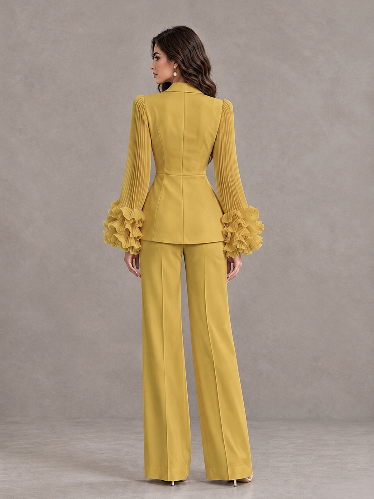 BOLODOO Gold Mother of the Bride Pant Suit – Pleated Long Sleeve Ruffle Cuff Wide Leg Trouser Suit - Gold - Gold_02