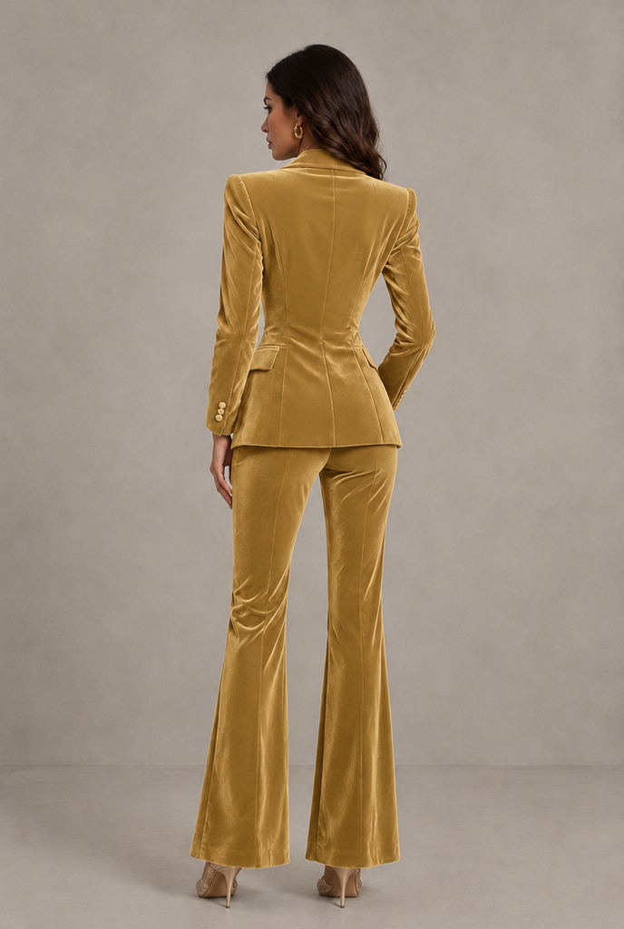 BOLODOO Gold Velvet Double-Breasted Blazer & Pants Two-Piece Suit - Gold - Gold_02
