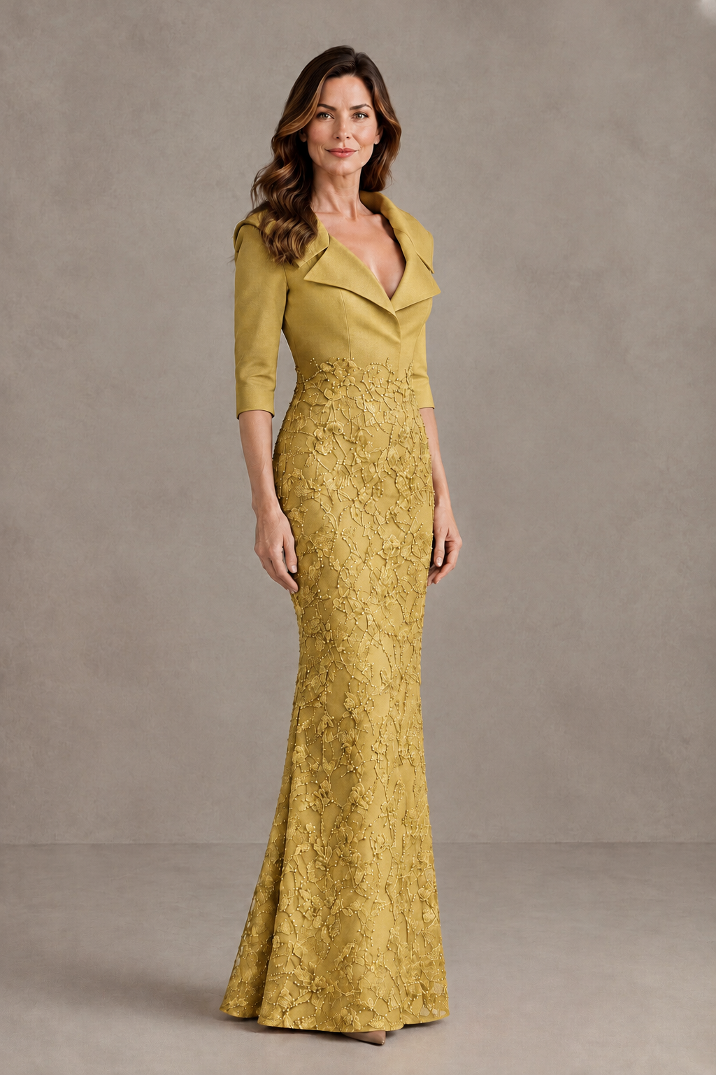 BOLODOO Gold Three-Quarter Sleeve Mermaid Evening Dress with Floral Detail - Gold - Gold_03