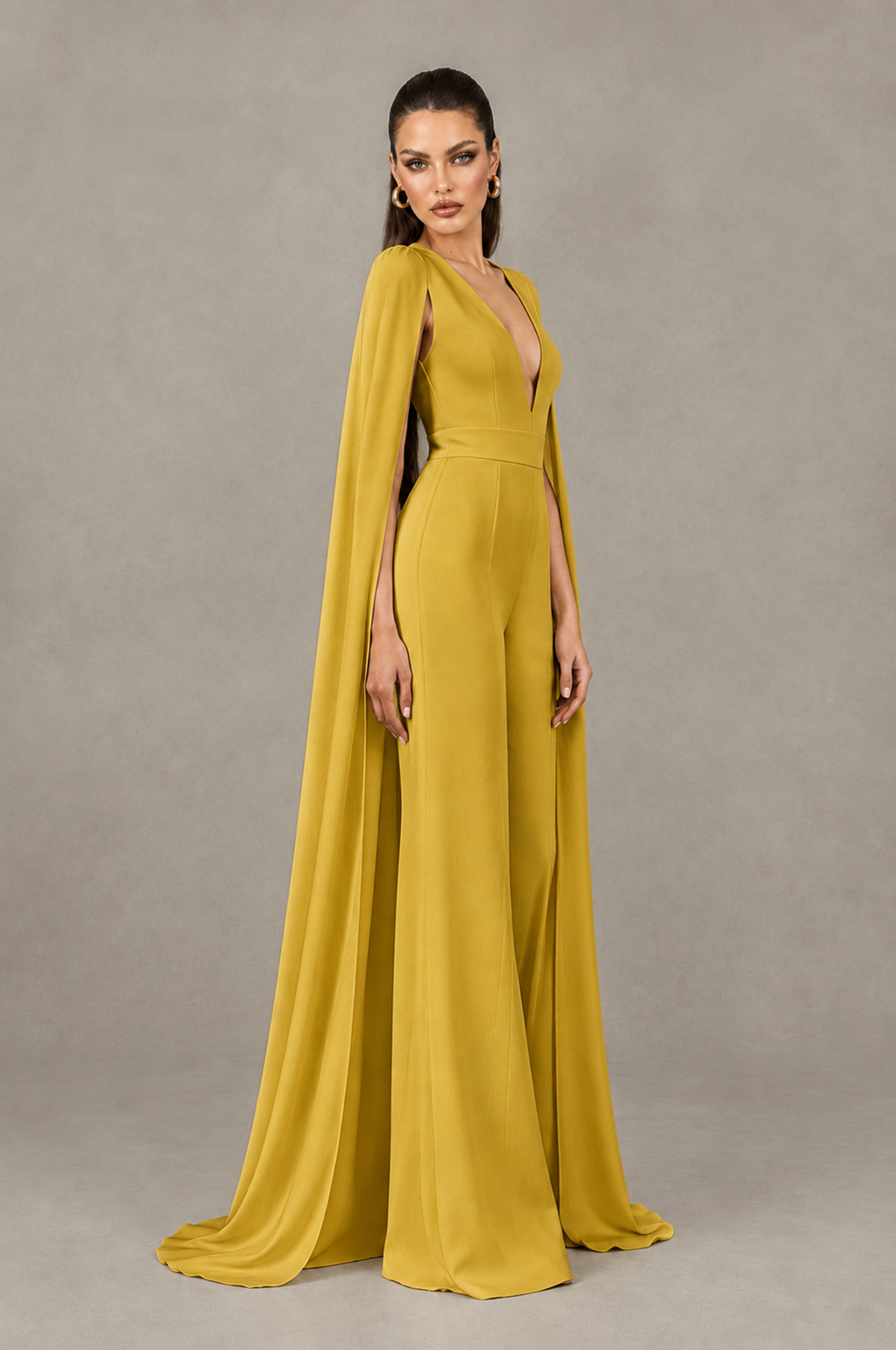 BOLODOO Gold Deep V-Neck Cape Sleeve Bridal Jumpsuit - Gold - Gold_03