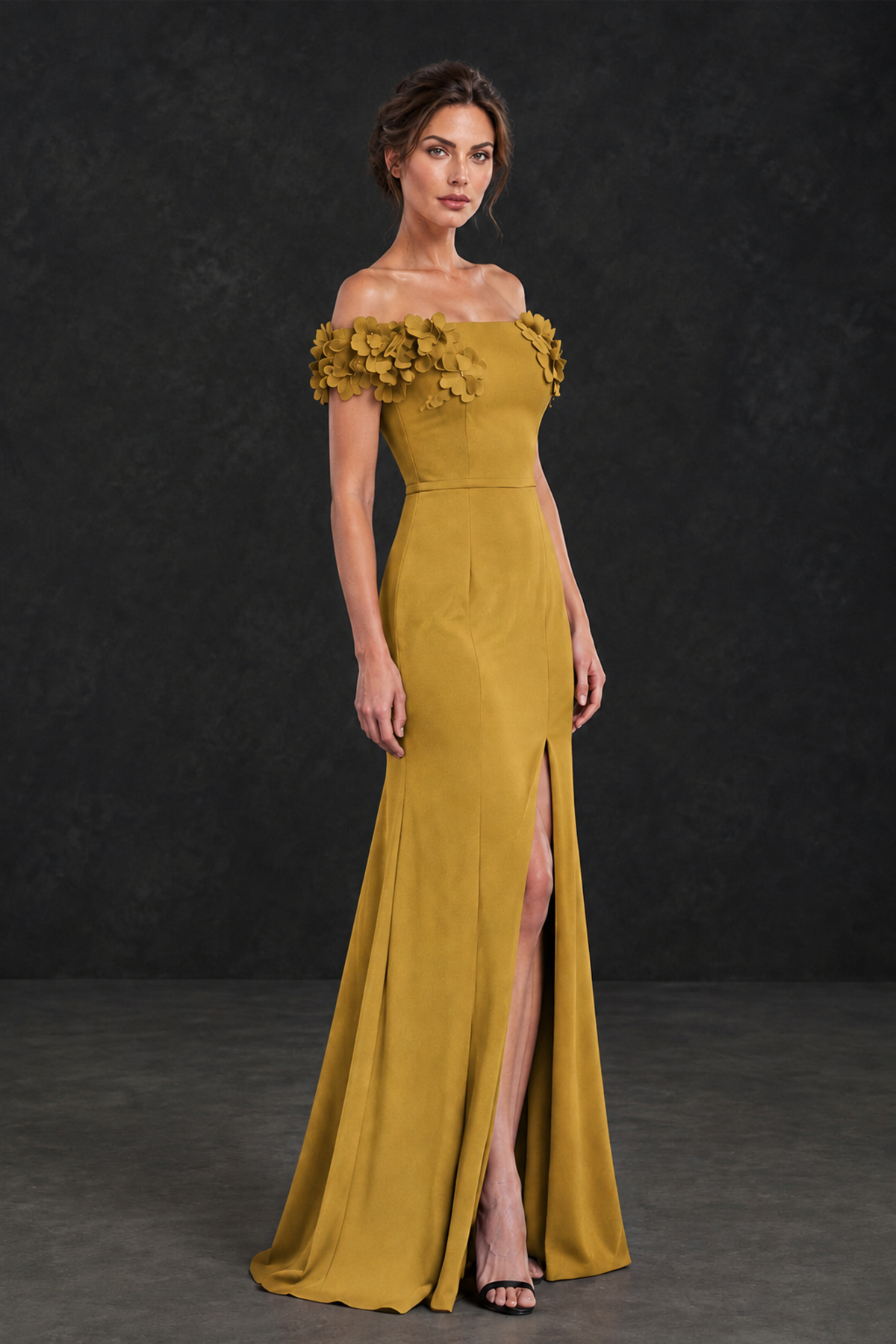 BOLODOO Gold Off-the-Shoulder Mother of the Bride Dress with Floral Appliques - Gold - Gold_03
