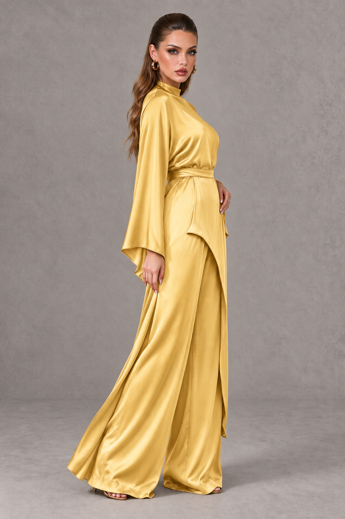 BOLODOO Gold Satin-Look Long Sleeve Wide-Leg Jumpsuit - Gold - Gold_03