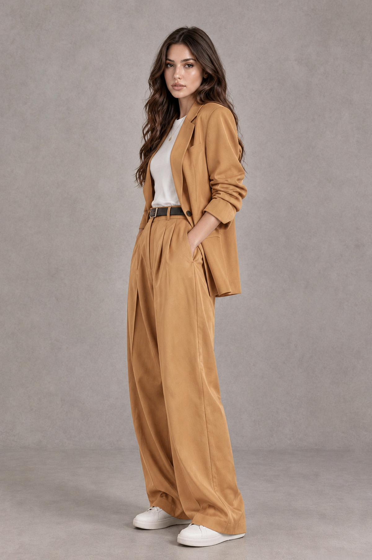 BOLODOO Gold Brown Blazer & Wide-Leg Pants Suit for Women - Gold - Gold_03