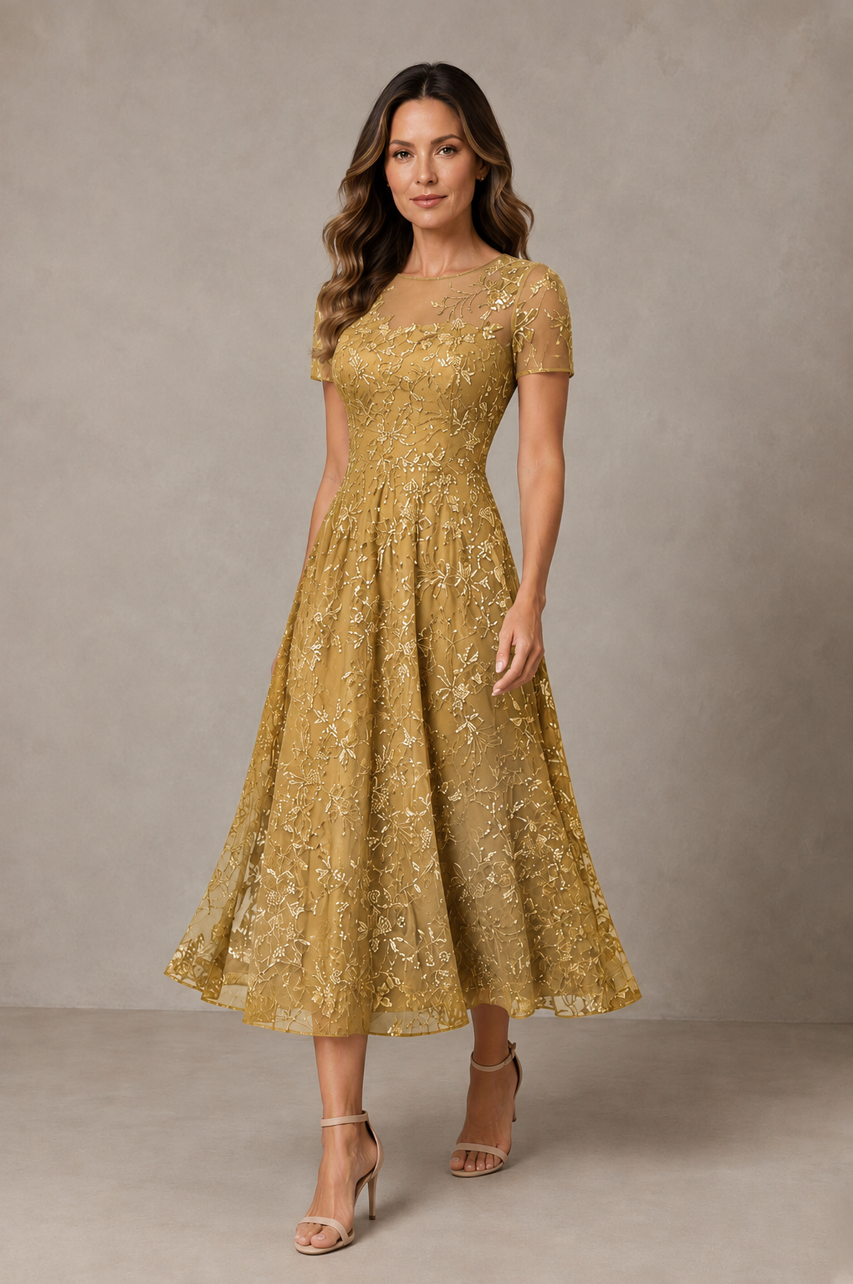 BOLODOO Gold Textured Floral A-Line Dress with Short Sleeves - Gold - Gold_03