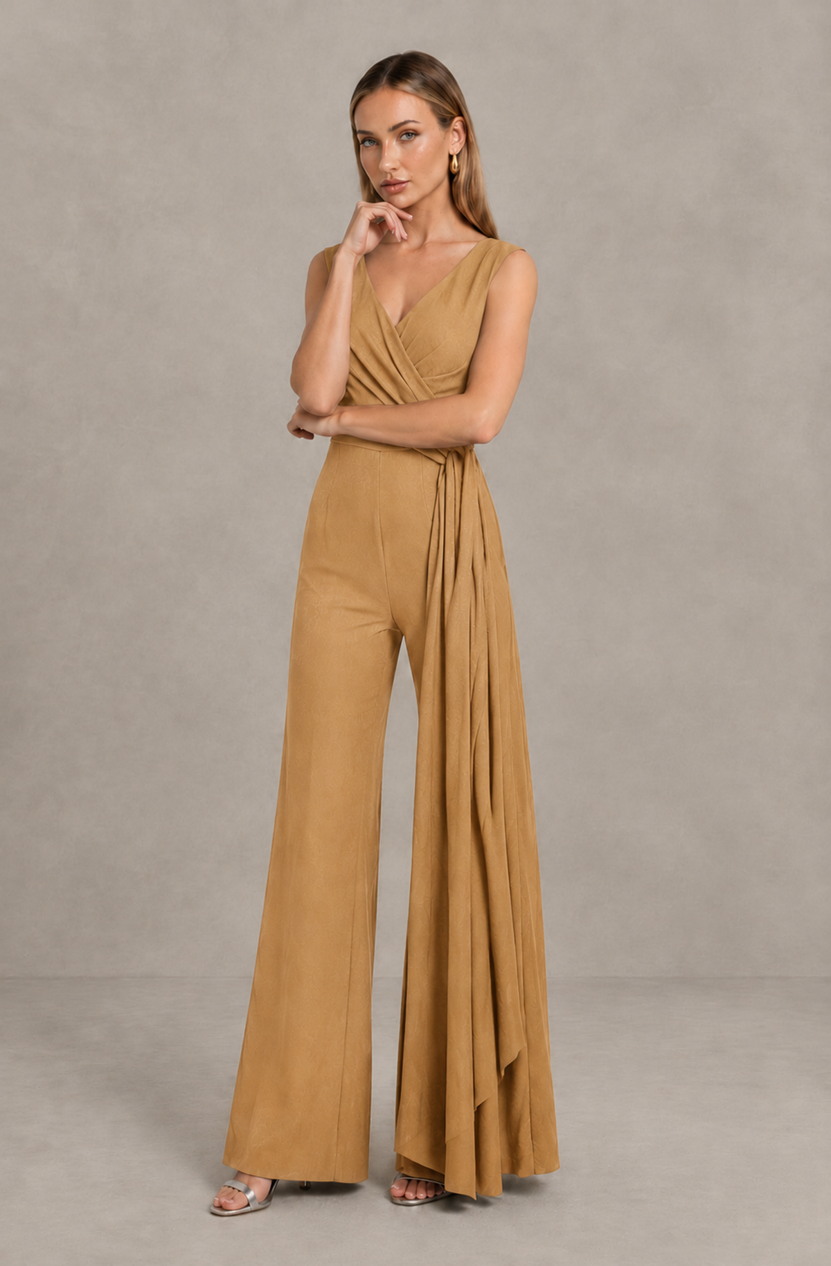 BOLODOO Gold Sleeveless V-Neck Wide-Leg Jumpsuit with Side Drape - Gold - Gold_03