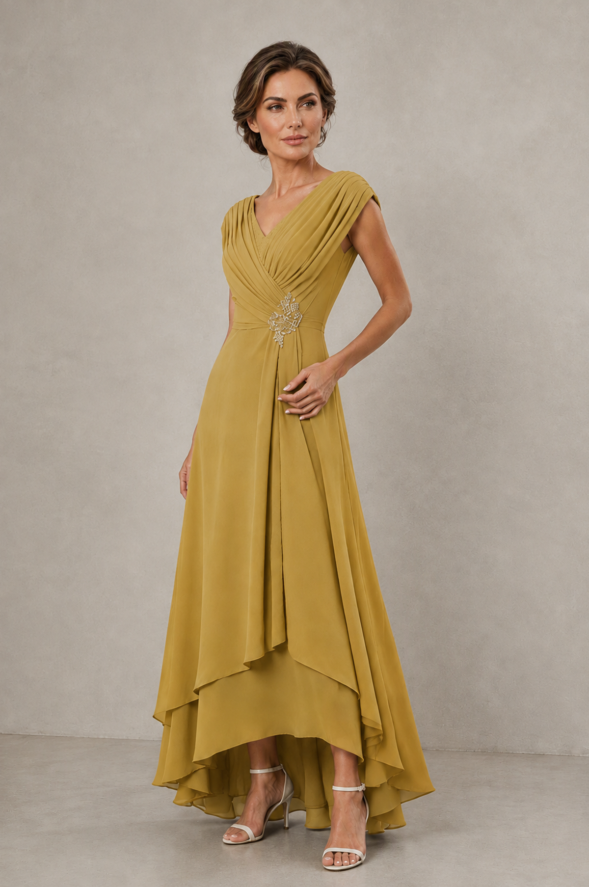 BOLODOO Gold V-Neck High-Low Mother of the Bride Dress - Gold - Gold_03
