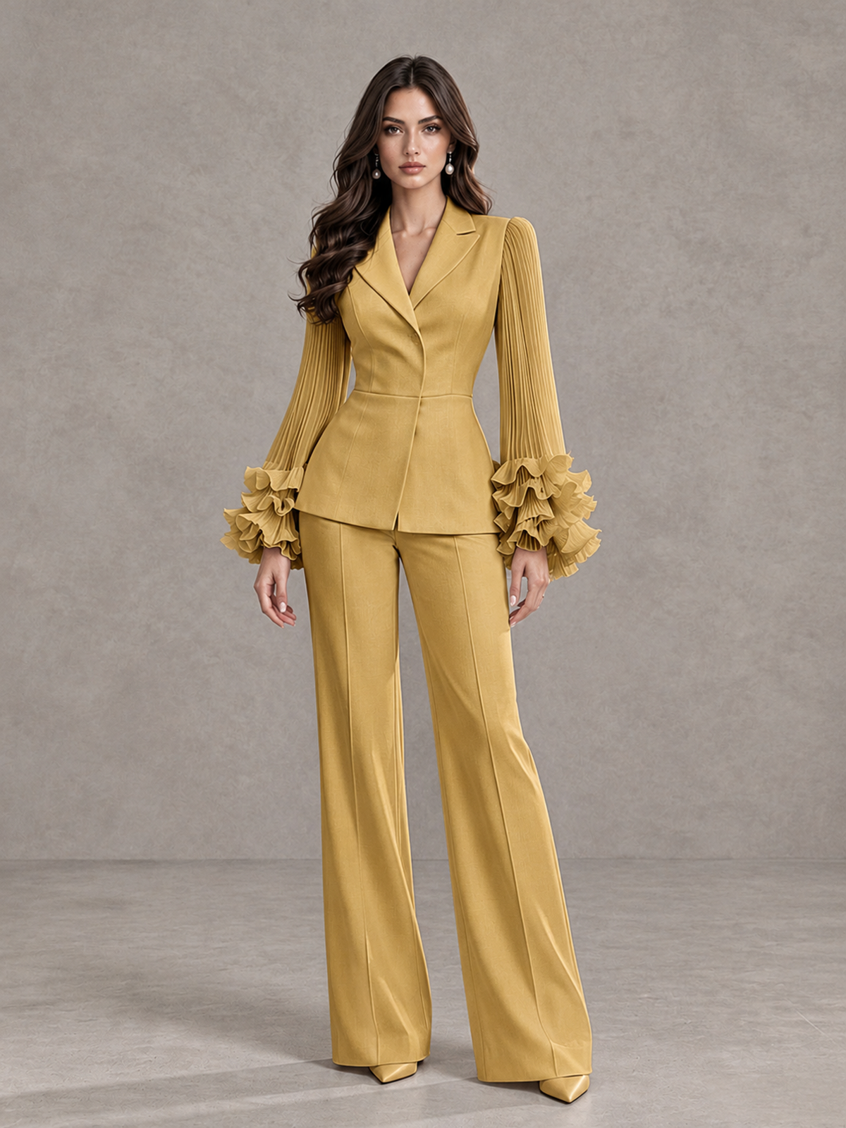 BOLODOO Gold Mother of the Bride Pant Suit – Pleated Long Sleeve Ruffle Cuff Wide Leg Trouser Suit - Gold - Gold_03