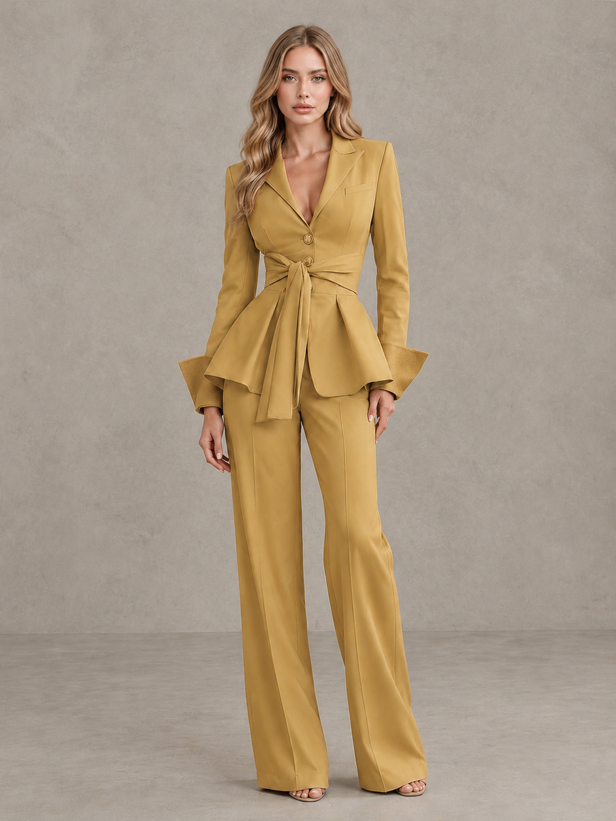 BOLODOO Gold Belted Peplum Pantsuit with Long Sleeves & Wide-Leg Trousers - Gold - Gold_03