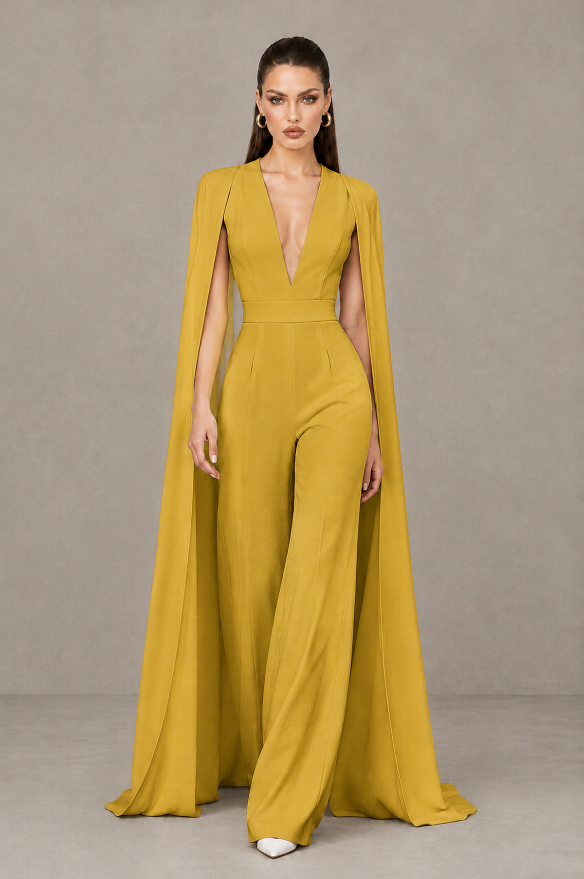BOLODOO Gold Deep V-Neck Cape Sleeve Bridal Jumpsuit - Gold - Gold_04