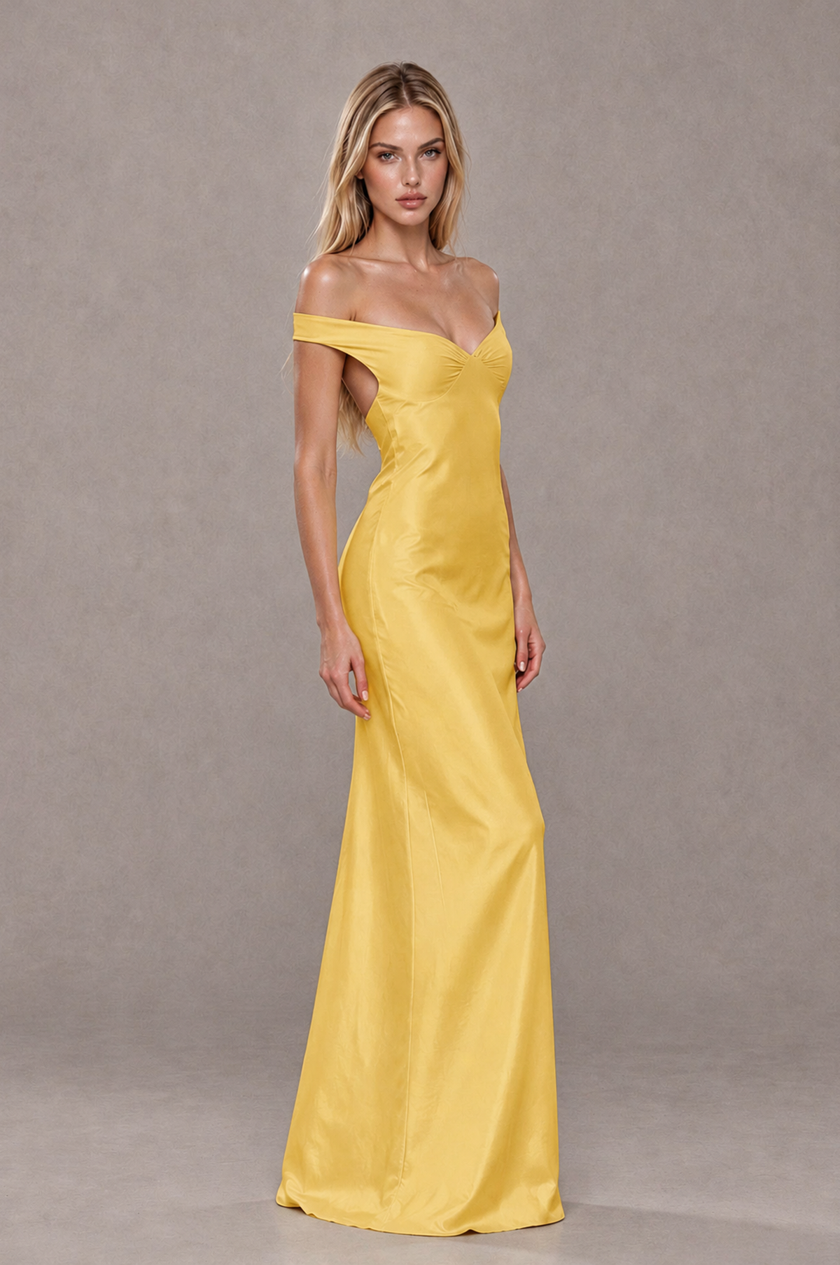 BOLODOO Gold Off-Shoulder Open-Back Satin Evening Gown - Gold - Gold_04