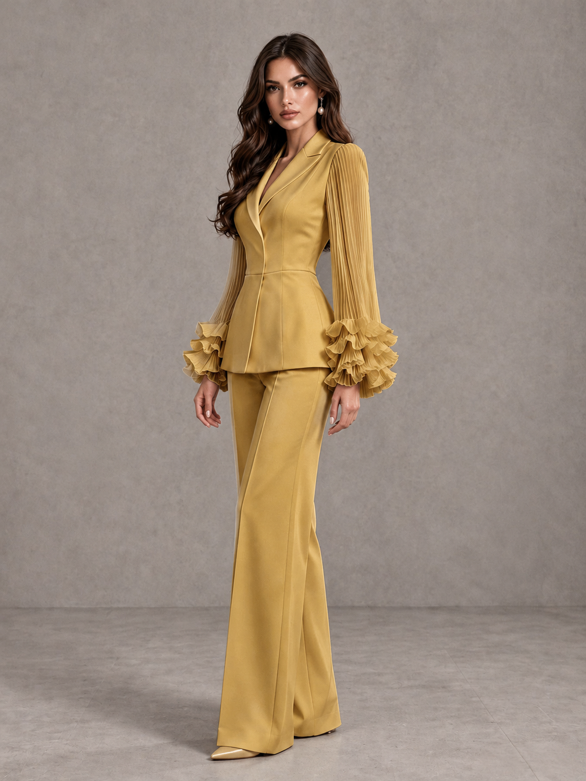 BOLODOO Gold Mother of the Bride Pant Suit – Pleated Long Sleeve Ruffle Cuff Wide Leg Trouser Suit - Gold - Gold_04