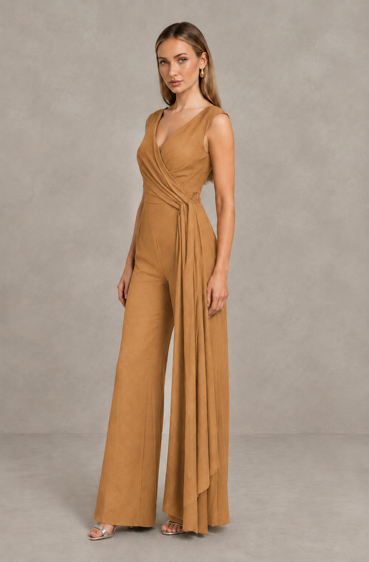 BOLODOO Gold Sleeveless V-Neck Wide-Leg Jumpsuit with Side Drape - Gold - Gold_04