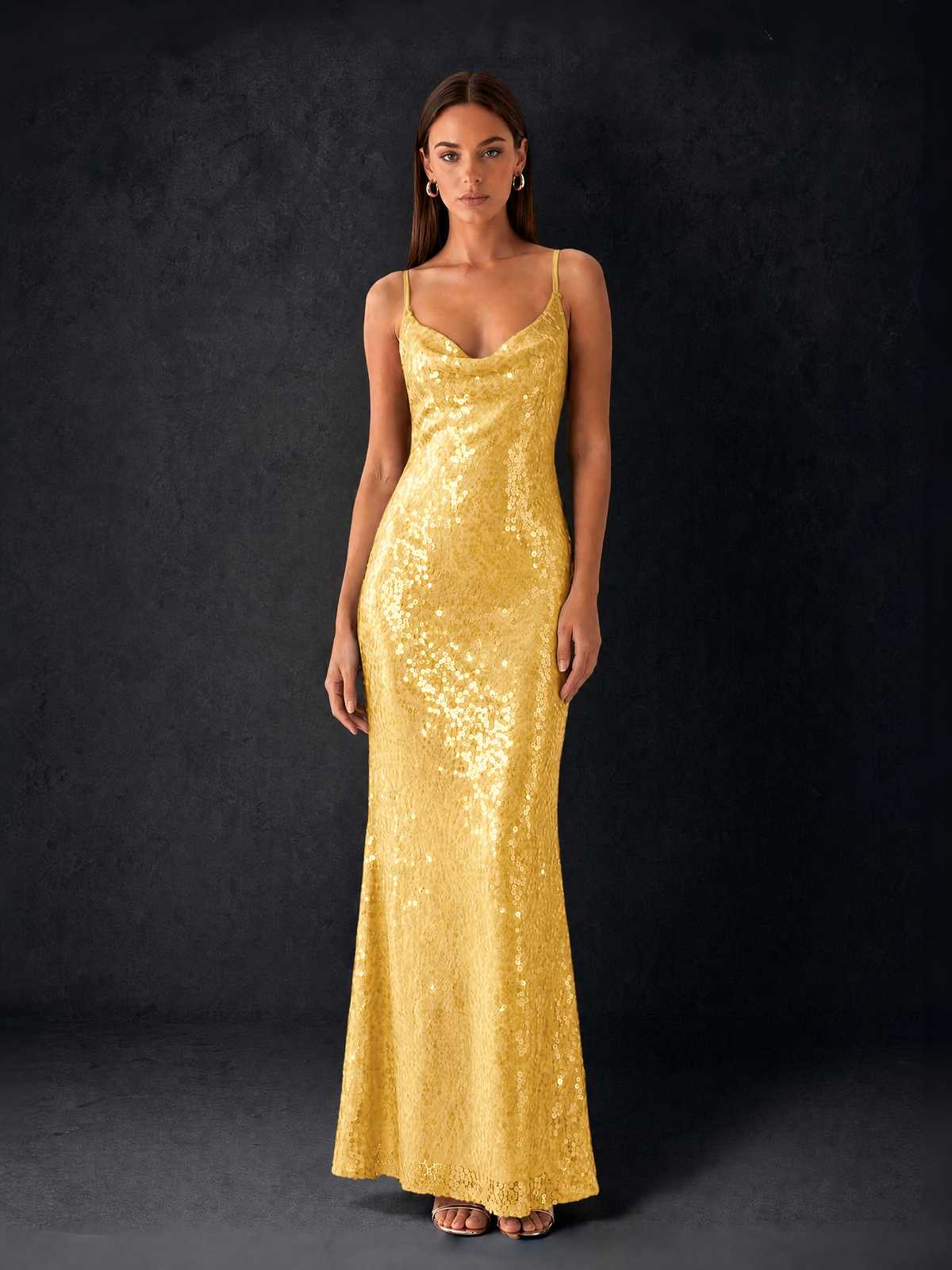 BOLODOO Bronze Sequin Cowl Neck Spaghetti Strap Mermaid Maxi Dress with Open Criss-Cross Back - Gold - Gold
