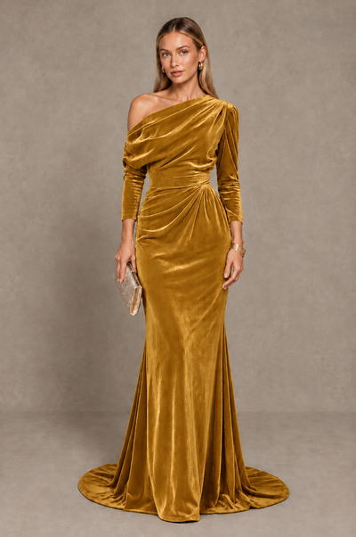 BOLODOO Gold Velvet Asymmetric Neck Mermaid Evening Dress - Gold - Gold_1
