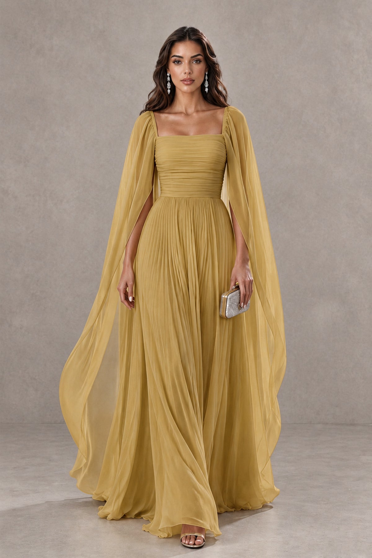 BOLODOO Gold Square Neck Cape Sleeve A-Line Evening Dress - Gold - Gold_1