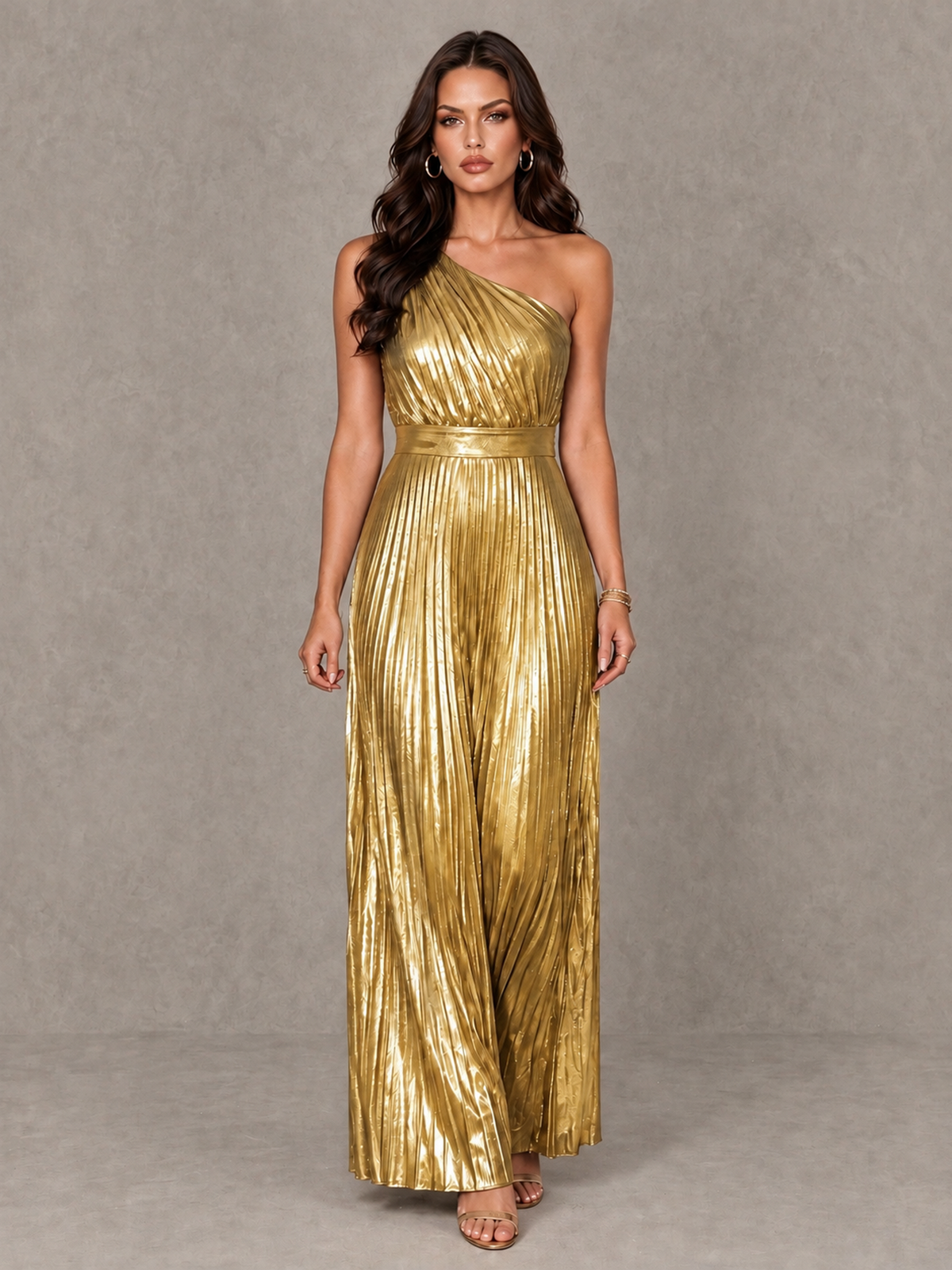 BOLODOO Gold One-Shoulder Metallic Pleated Wide-Leg Jumpsuit - Gold - Gold_1