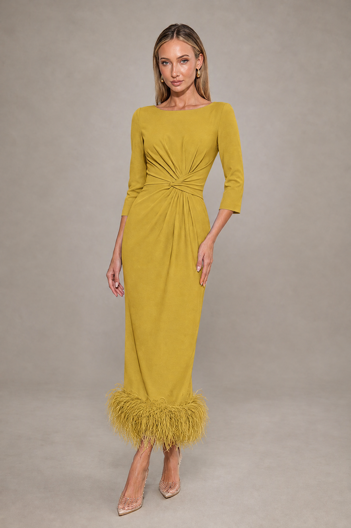 BOLODOO Gold Feather-Trim Twist-Waist Midi Dress - Gold - Gold_1