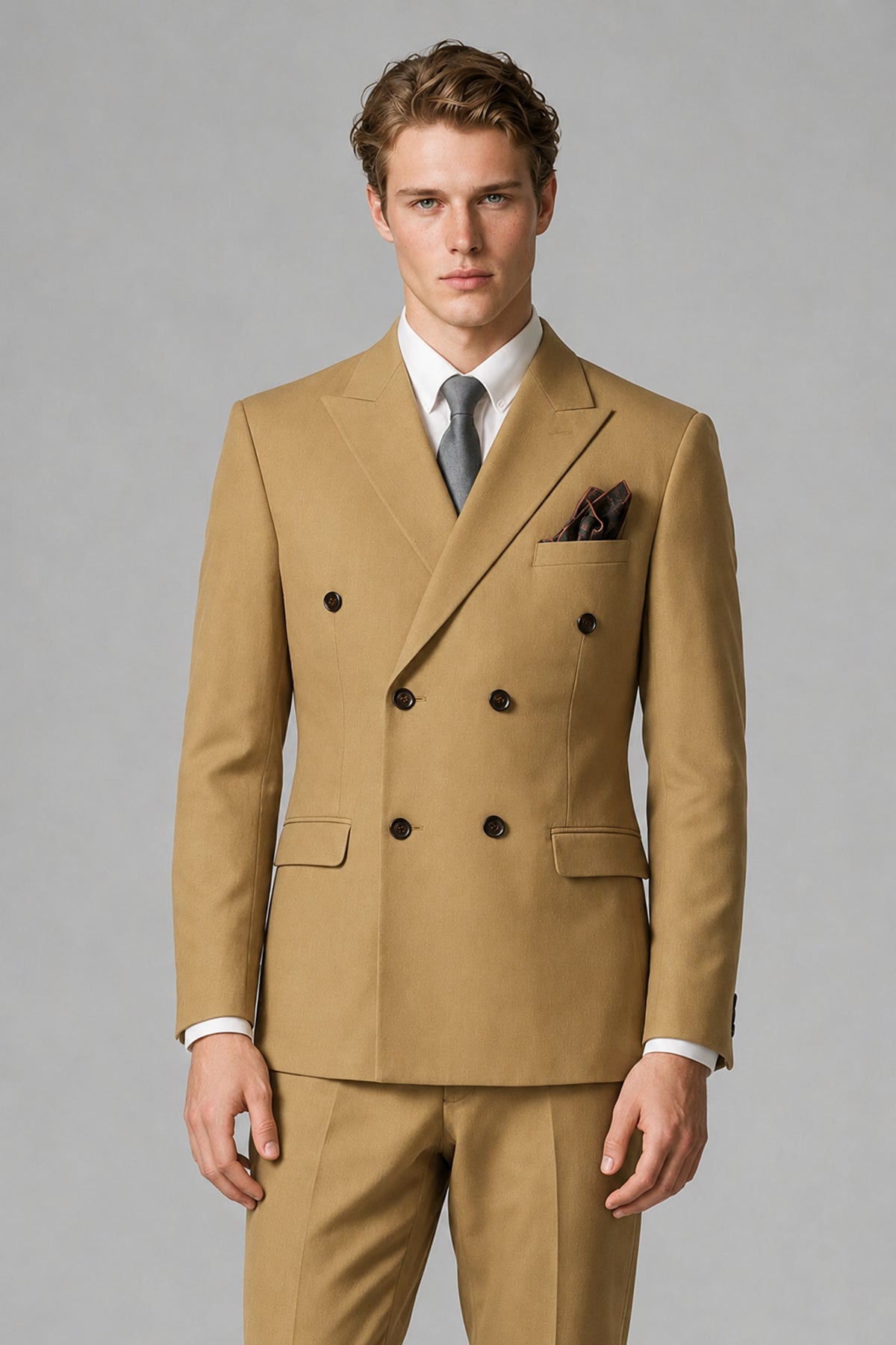 Bolodoo Men's Gold Double-Breasted Two-Piece Suit with Peak Lapels - Gold - Gold_1