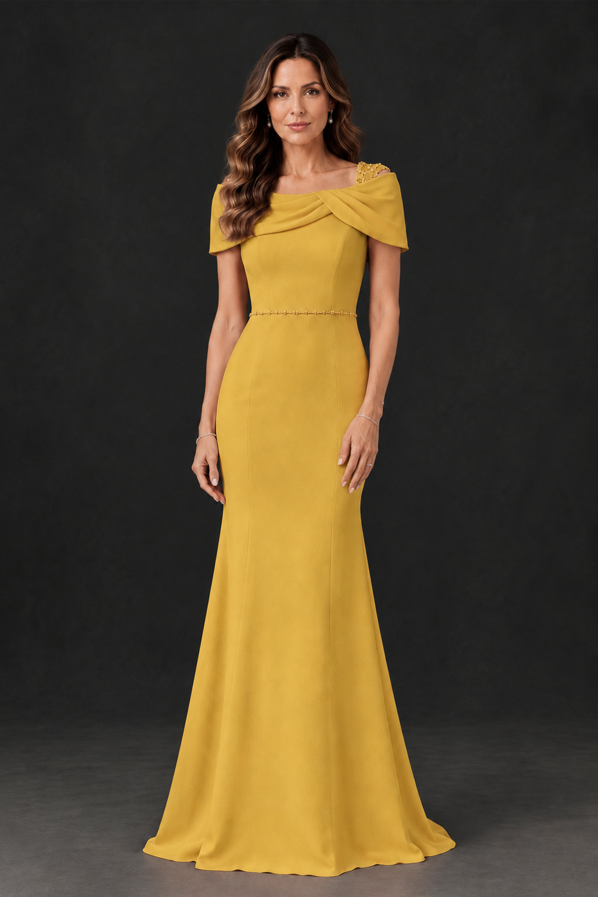 BOLODOO Gold Mother of the Bride Dress with Draped Cape Detail - Gold - Gold_1