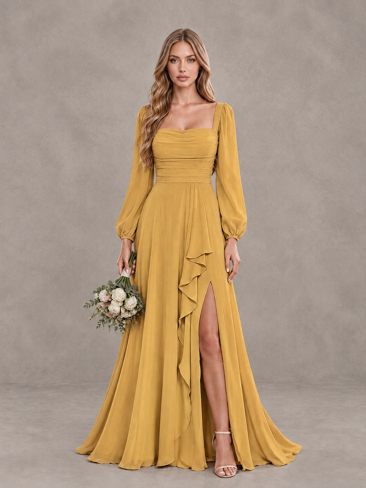 BOLODOO Gold Square Neck Long Sleeve Bridesmaid Dress with Ruffle Slit - Gold - Gold_1