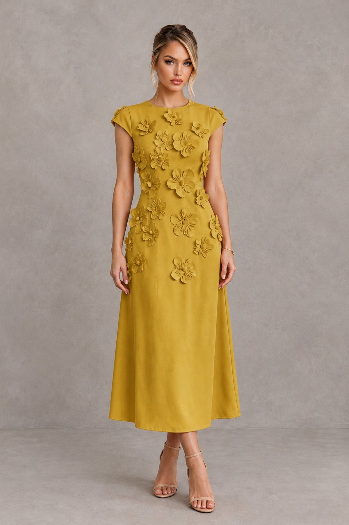 BOLODOO Gold 3D Floral Cap Sleeve Midi Cocktail Dress - Gold - Gold_1