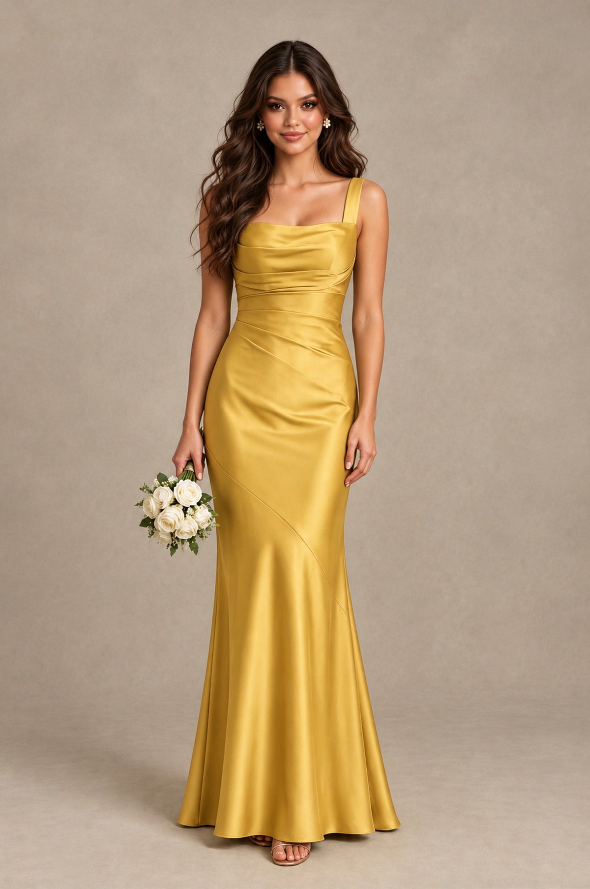 BOLODOO Gold Square Neck Ruched Satin Lace-Up Bridesmaid Dress - Gold - Gold_1