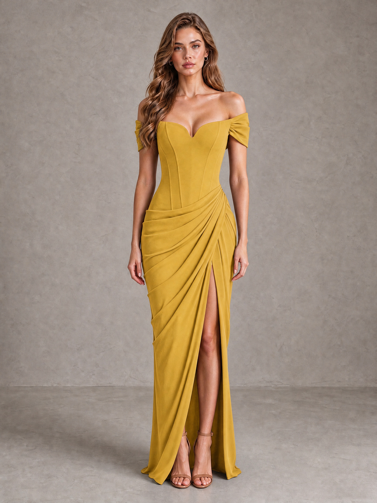 BOLODOO Gold Off-Shoulder Ruched Corset Wedding Guest Dress with Slit - Gold - Gold_1