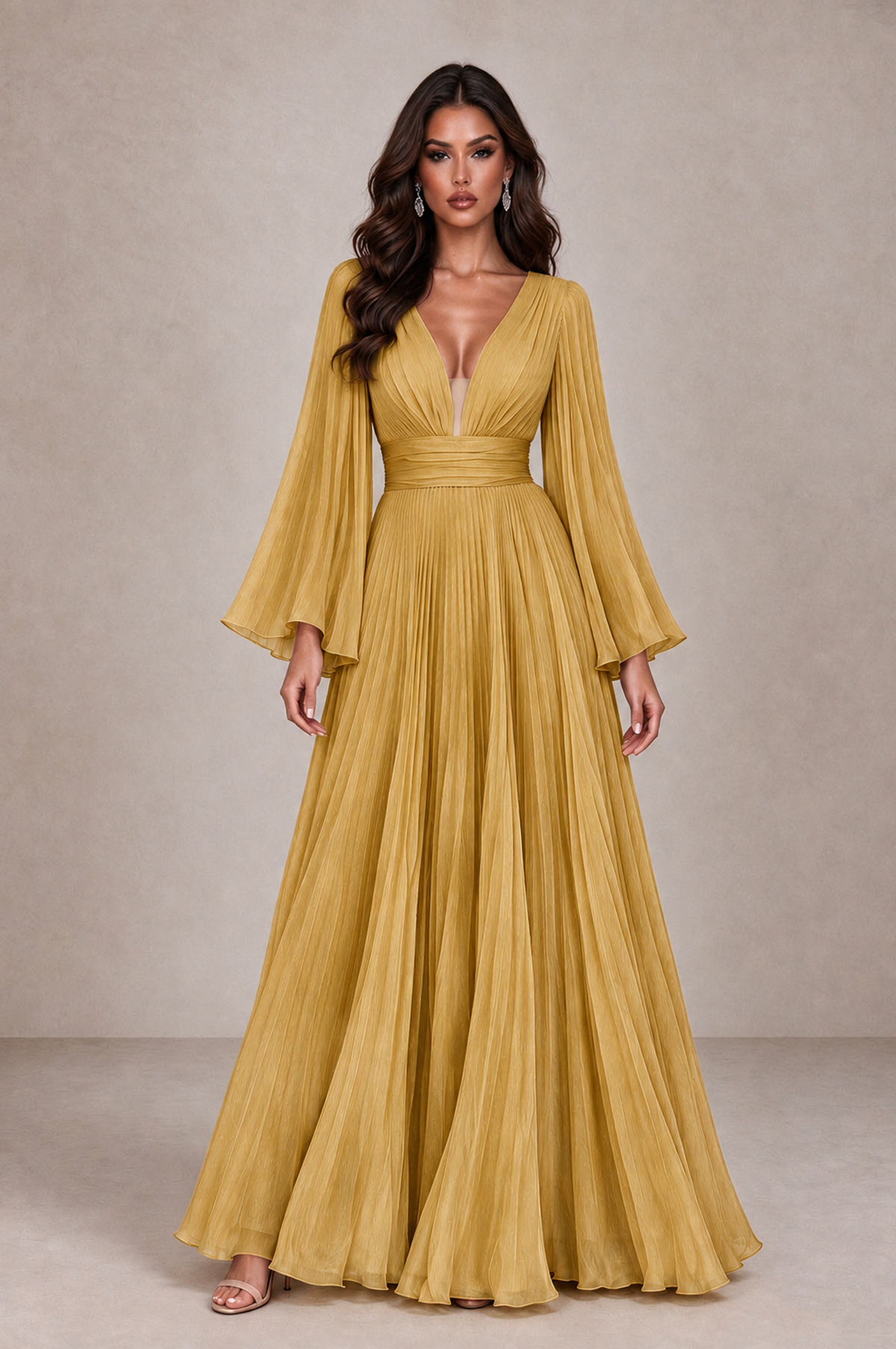 BOLODOO Gold Pleated Deep V-Neck Long Bell Sleeve Evening Dress - Gold - Gold_1
