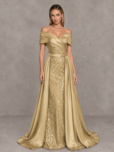BOLODOO Gold Sequin Mermaid Evening Dress with Detachable Satin Overskirt and Sweep Train - Gold - Gold_1
