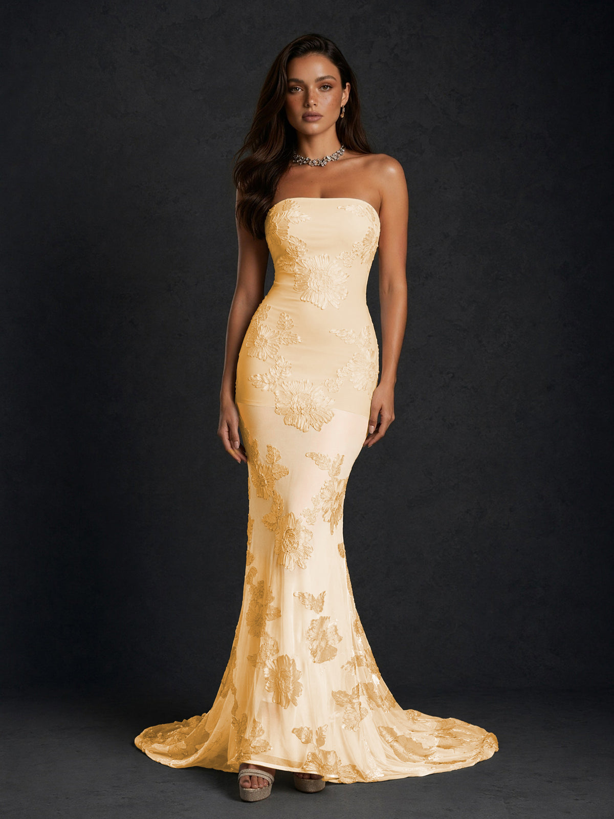 BOLODOO Gold Champagne Gold Floral Sequin Embroidered Mesh Strapless Open Back Mermaid Maxi Dress with Train - Gold