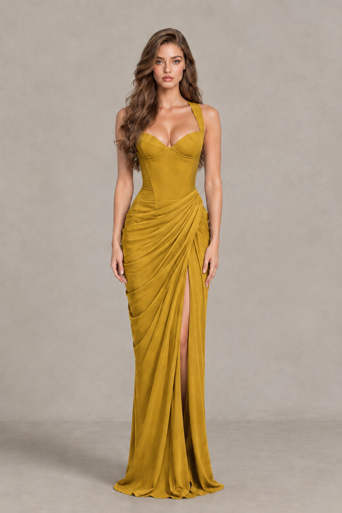 BOLODOO Gold Sweetheart Maxi Dress with High Slit - Gold - Gold_1