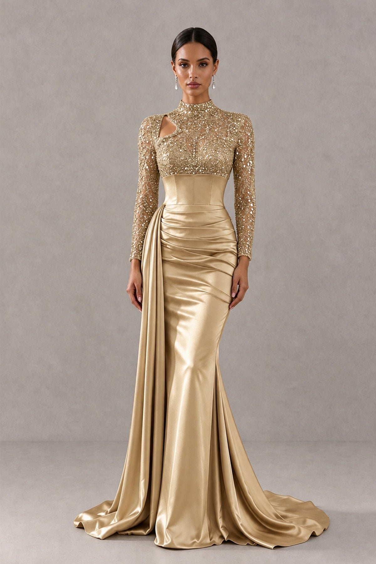 BOLODOO Gold Long Sleeve Embellished Satin Mermaid Evening Gown - Gold - Gold_1