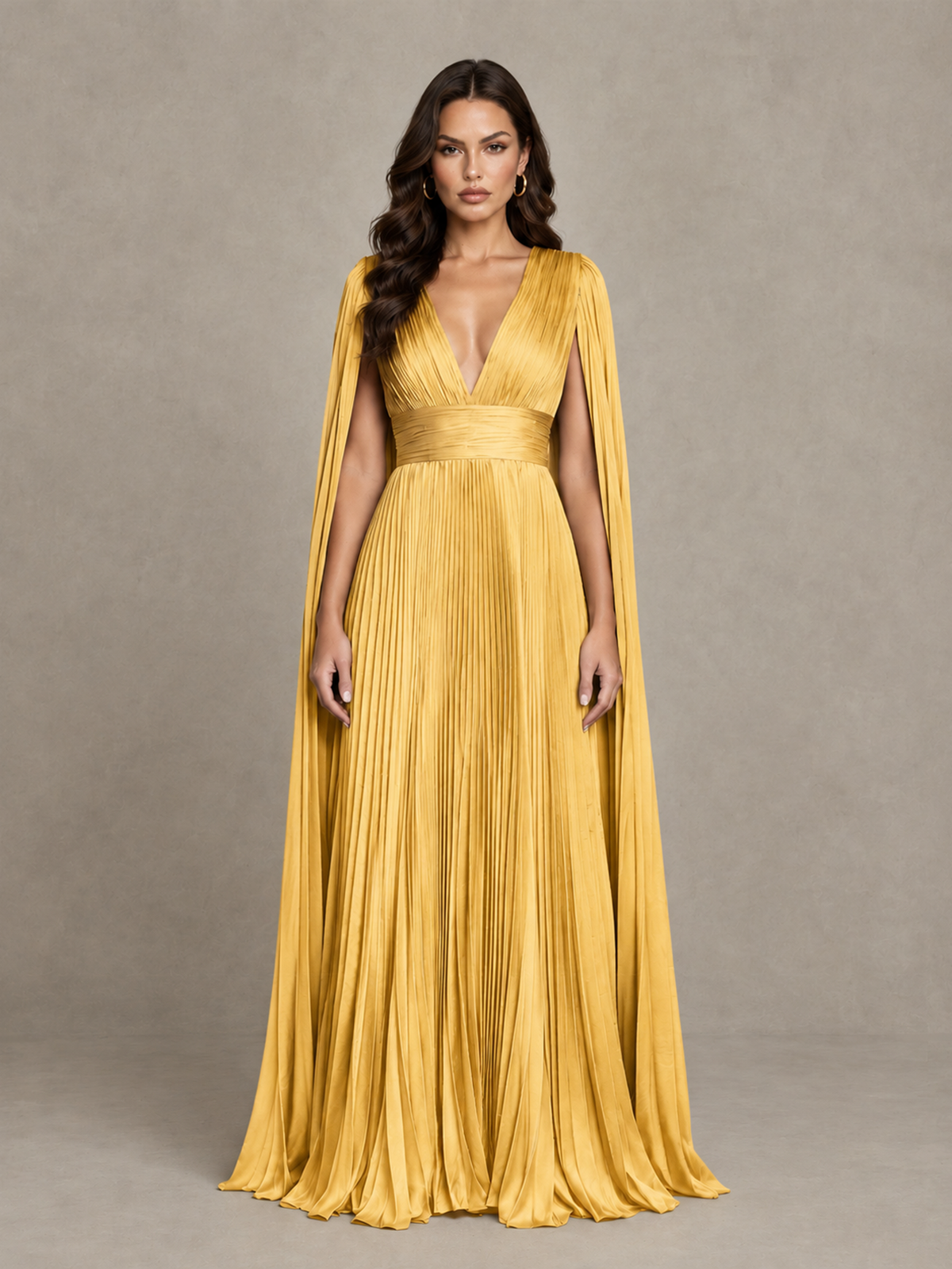 BOLODOO Gold Deep V-Neck Pleated Cape Sleeve Evening Gown - Gold - Gold_1