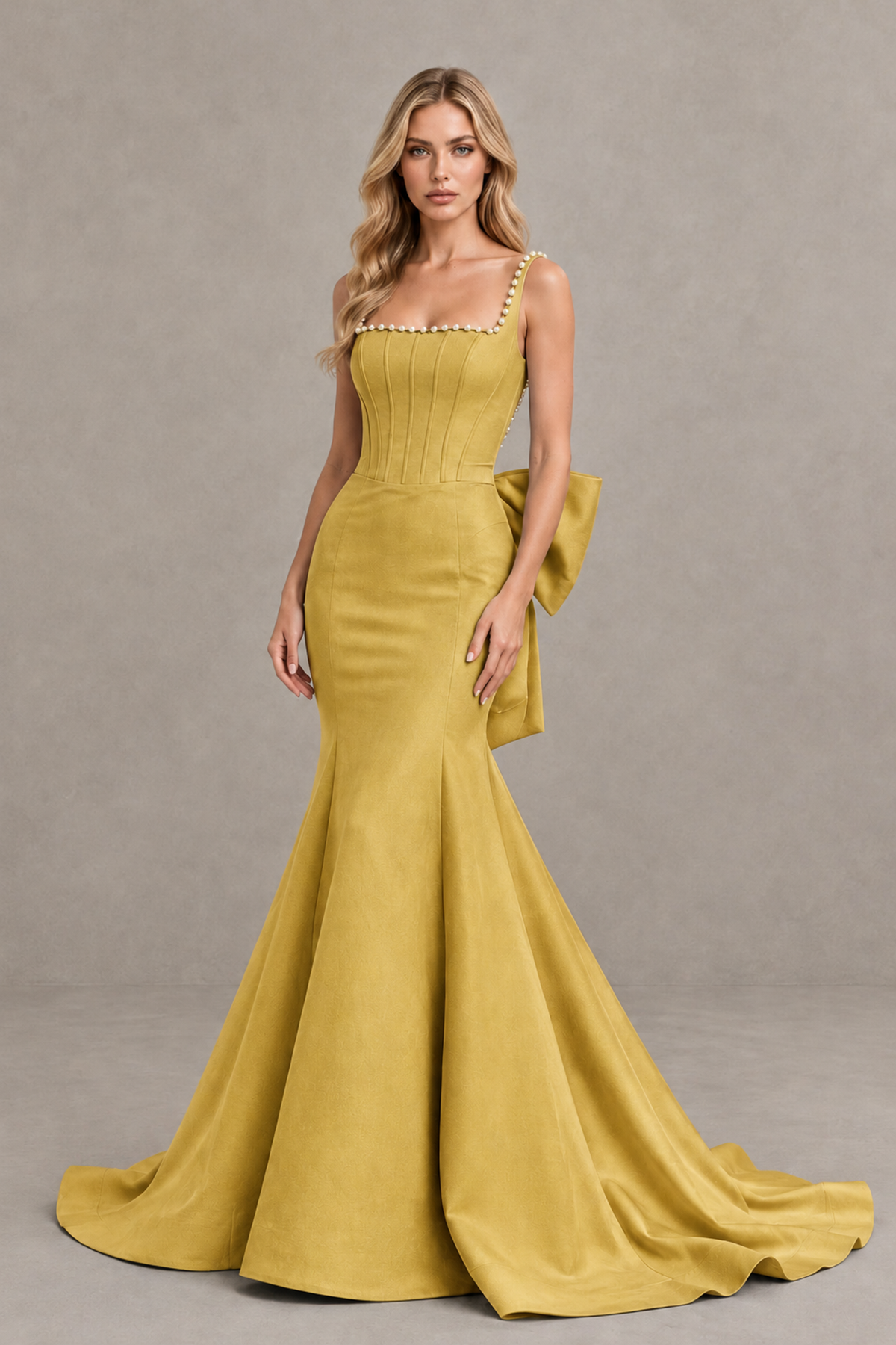 BOLODOO Gold Pearl-Trim Mermaid Prom Dress with Back Bow - Gold - Gold_1