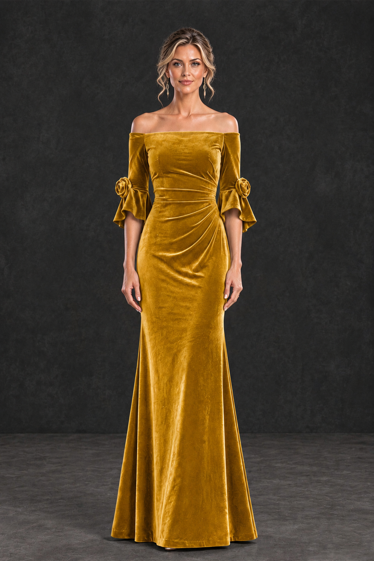 BOLODOO Gold Velvet Off-Shoulder Mother of the Bride Dress – 3/4 Floral Cuff Sleeve Mermaid Evening Gown - Gold - Gold_1
