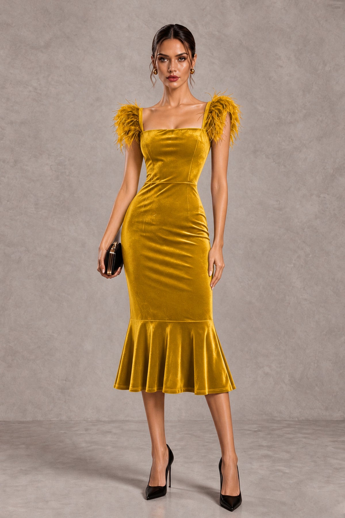 BOLODOO Gold Feather-Trim Velvet-Look Mermaid Midi Dress - Gold - Gold_1