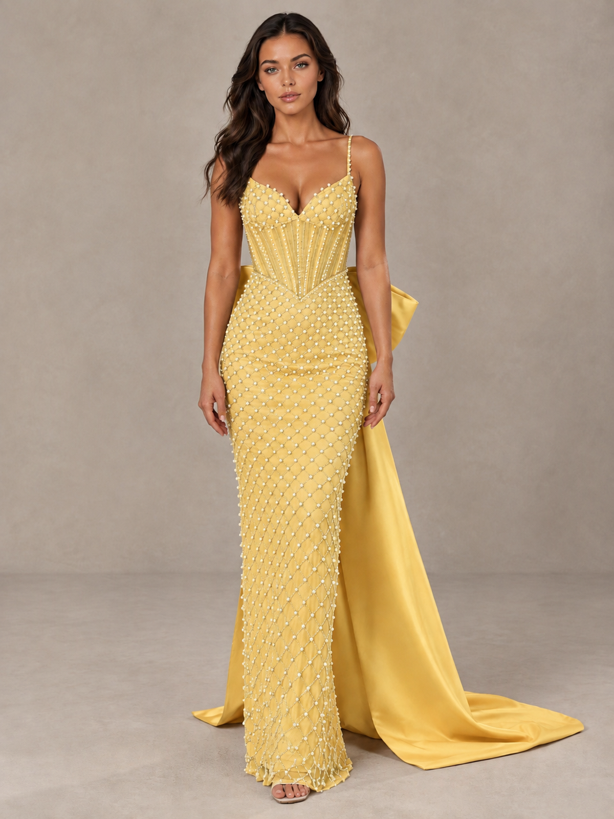 BOLODOO Gold Beaded Corset Prom Dress with Bow Train - Gold - Gold_1