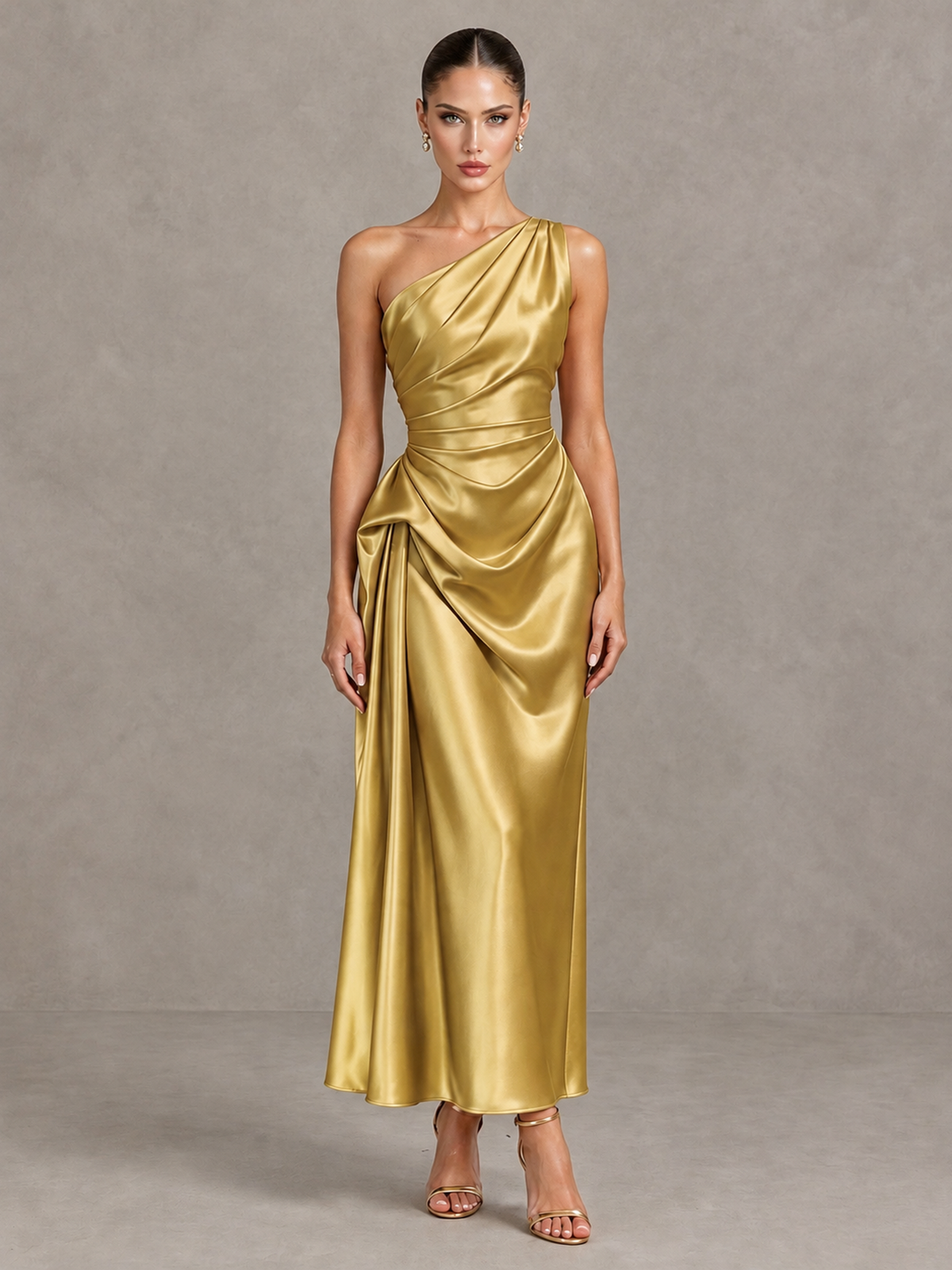 BOLODOO Gold One Shoulder Satin Cocktail Dress with Draped A-Line Skirt - Gold - Gold_1