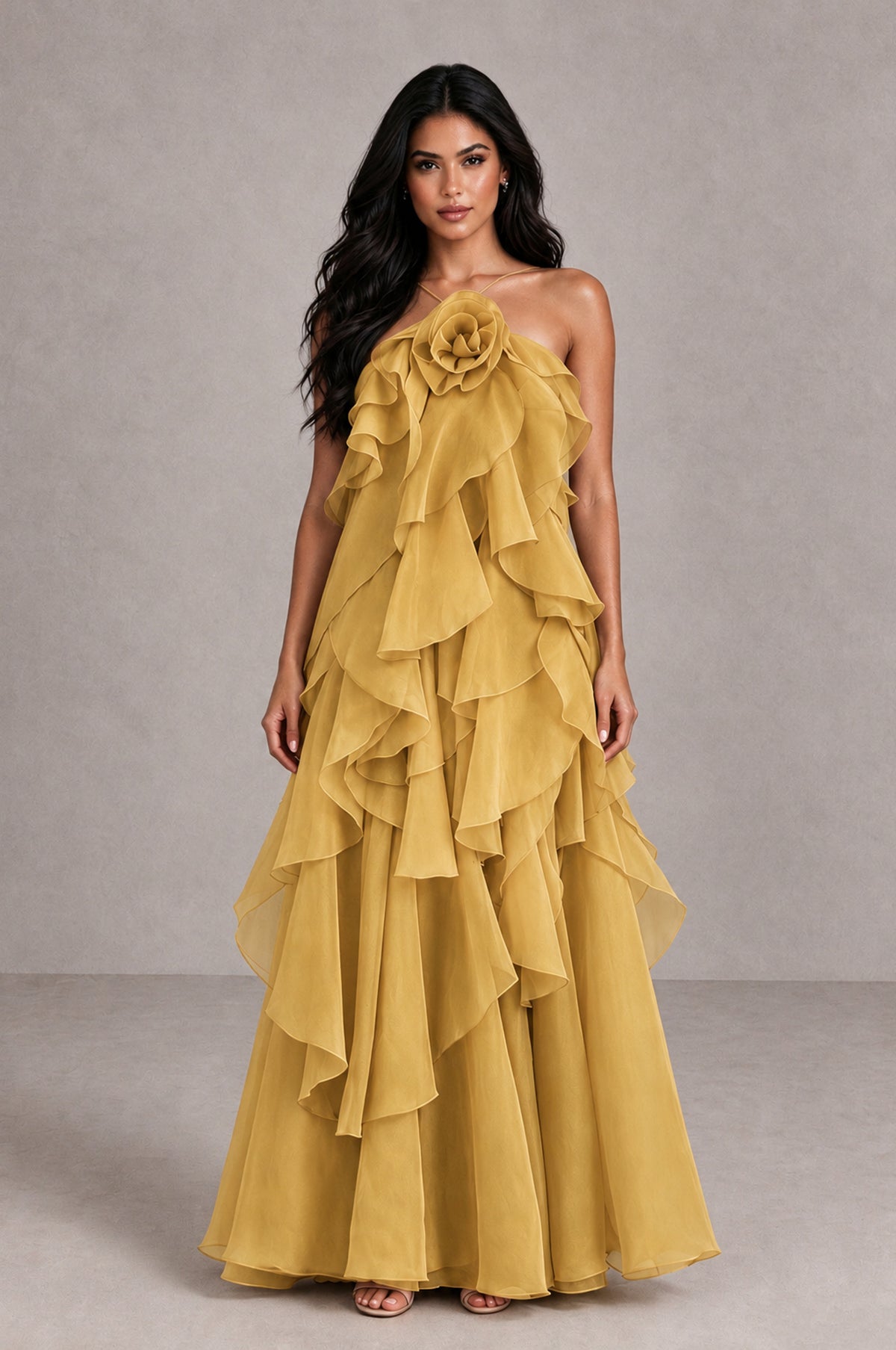 BOLODOO Gold Cascading Ruffle Rosette Open-Back Maxi Dress - Gold - Gold_1